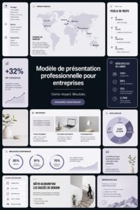 Exemple de modèle de présentation professionnelle sur Canva avec des diapositives élégantes.