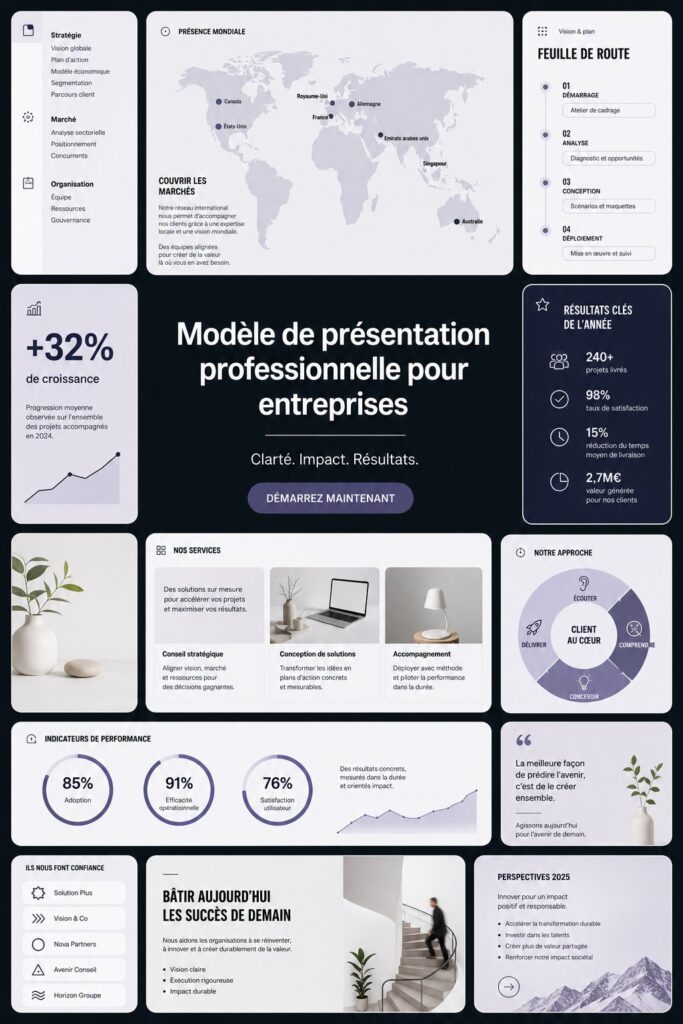 Exemple de modèle de présentation professionnelle sur Canva avec des diapositives élégantes.