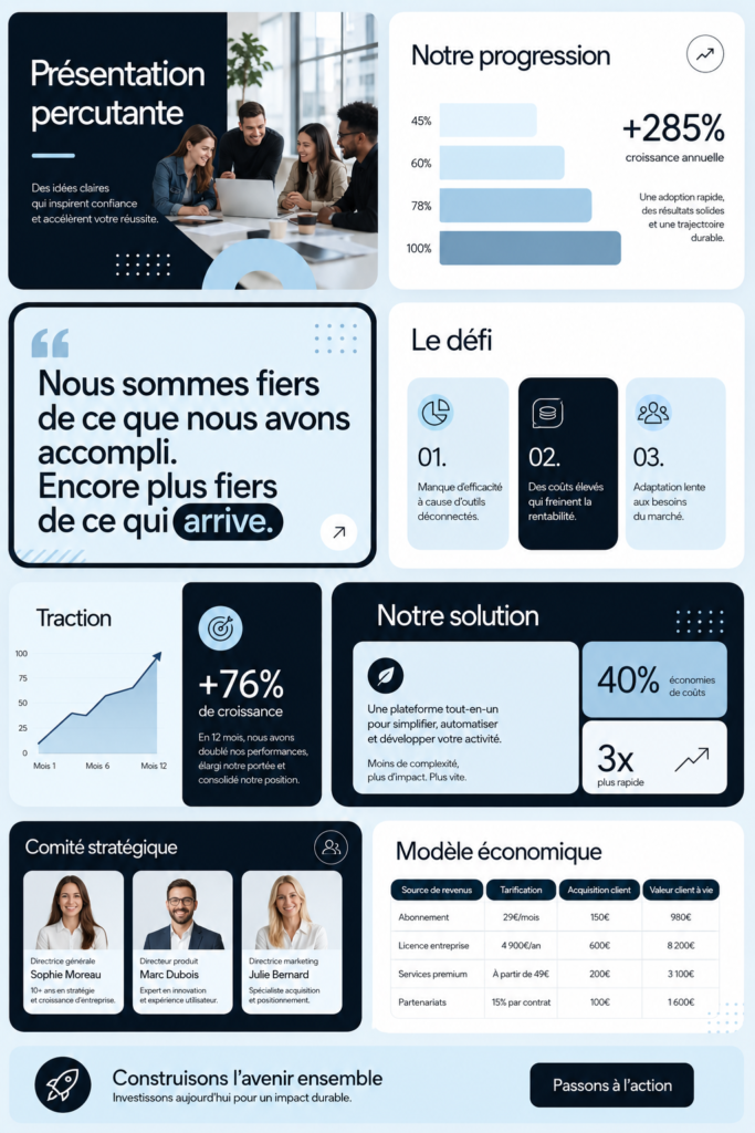 Modèle de pitch deck professionnel sur un ordinateur avec Canva.