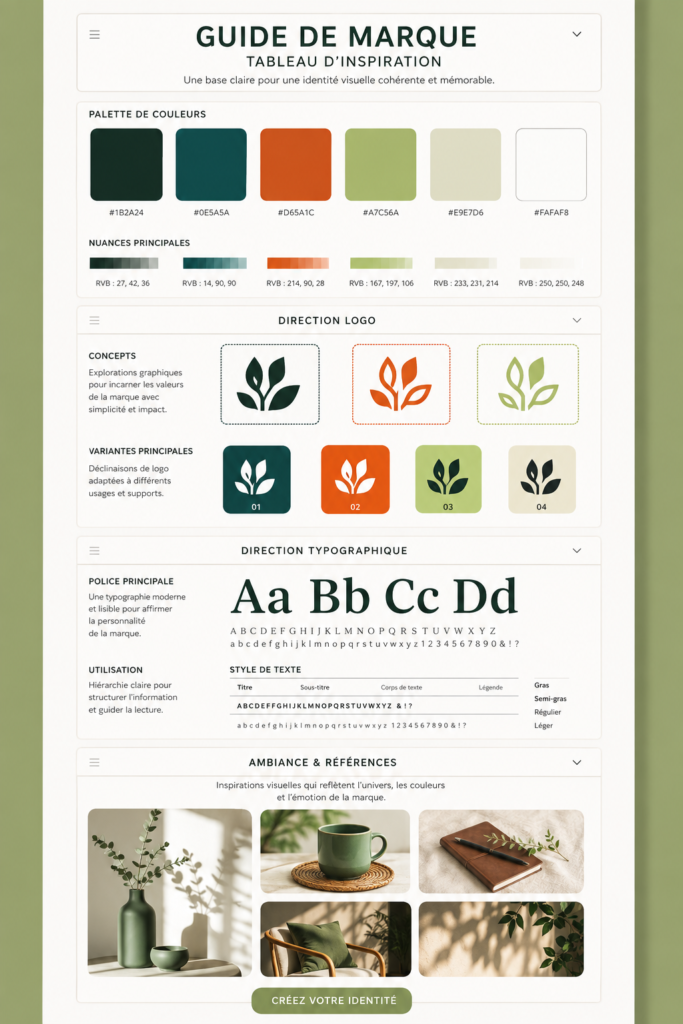 Un mood board coloré illustrant une stratégie de marque créative et inspirante.