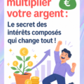 Une femme souriante discutant des stratégies d'investissement sur son ordinateur avec des graphiques d'intérêts composés à l'écran.