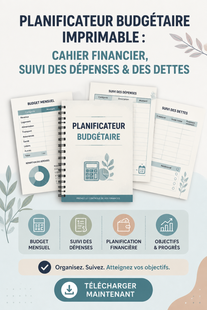 Femme en train de consulter un planificateur de budget avec un café à la main.