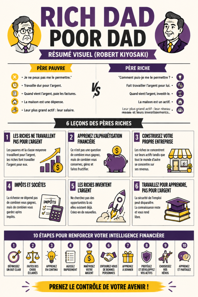 Résumé visuel des leçons financières de Rich Dad Poor Dad