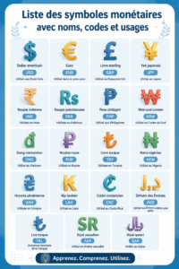 Illustration de symboles monétaires et leur utilisation dans les transactions financières.