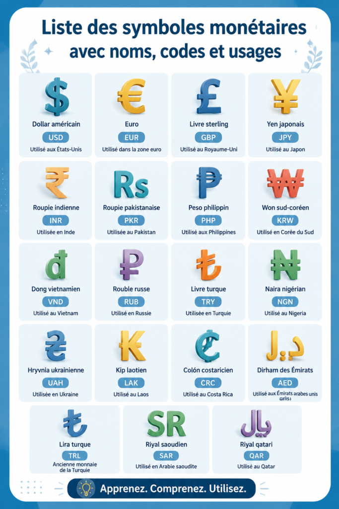 Illustration de symboles monétaires et leur utilisation dans les transactions financières.