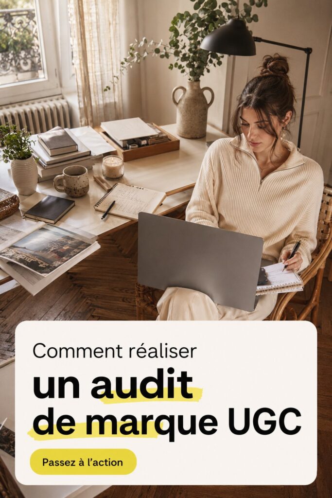 Femme réfléchissant à l'audit de son image de marque avec des notes et un ordinateur.