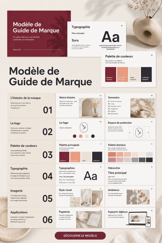 Guide de marque comportant des éléments visuels et textuels essentiels