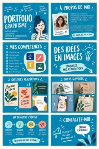 Femme moderne présentant son portfolio créatif avec enthousiasme.