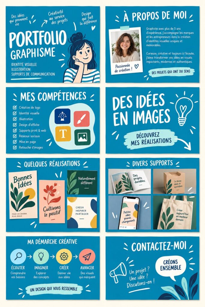 Femme moderne présentant son portfolio créatif avec enthousiasme.