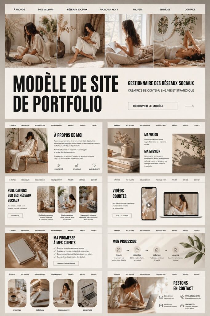 Exemple de site portfolio pour un Social Media Manager avec une mise en page attrayante et professionnelle.
