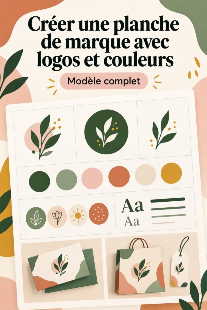 Un exemple de Brand Board coloré avec logo, palette de couleurs et typographie.