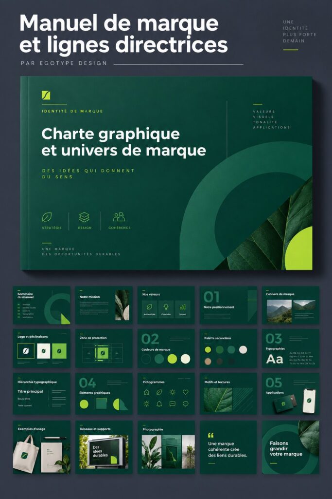 Un guide de marque sur une table de travail avec des éléments graphiques