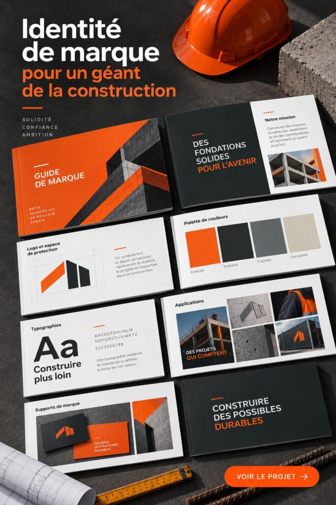 Illustration d'une identité de marque forte dans le secteur de la construction, mettant en avant logo et couleurs.
