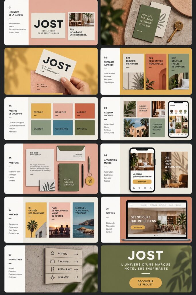 Image d'une présentation de marque hôtelière avec des éléments de design sophistiqués et modernes.