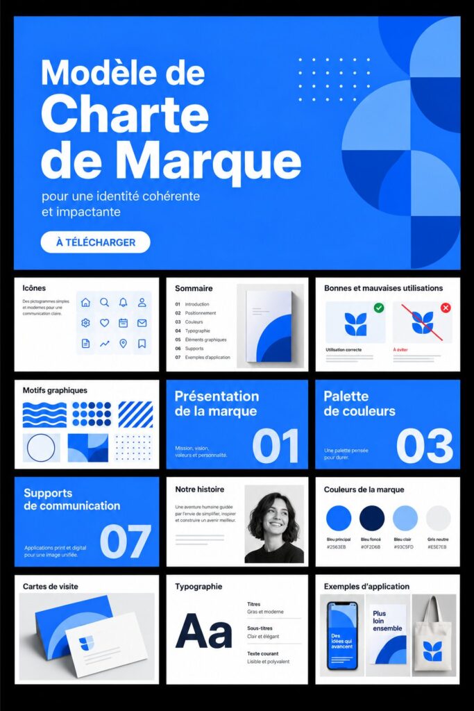 Un tableau illustrant les éléments d'une image de marque cohérente, avec des exemples visuels.