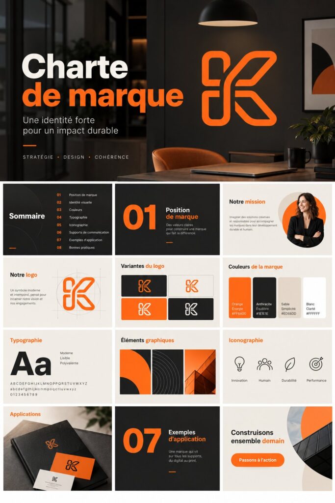 Présentation des lignes directrices de marque Kryon™ avec une mise en avant de l'identité visuelle.