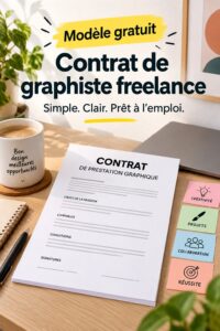 Modèle de contrat de freelance pour design graphique affiché sur un bureau