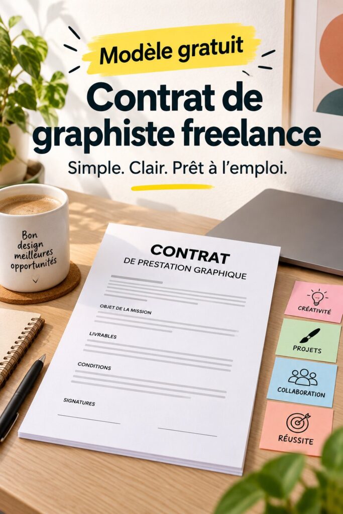 Modèle de contrat de freelance pour design graphique affiché sur un bureau