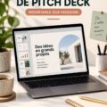 Un modèle de présentation InDesign sur un ordinateur montrant des graphismes et des textes personnalisables.