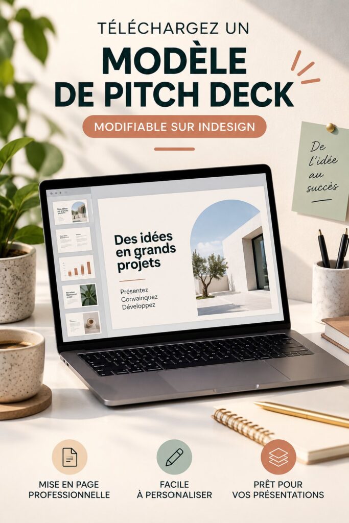 Un modèle de présentation InDesign sur un ordinateur montrant des graphismes et des textes personnalisables.