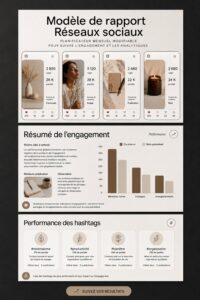 Modèle de rapport mensuel sur les réseaux sociaux conçu avec Canva, mettant en avant l'engagement