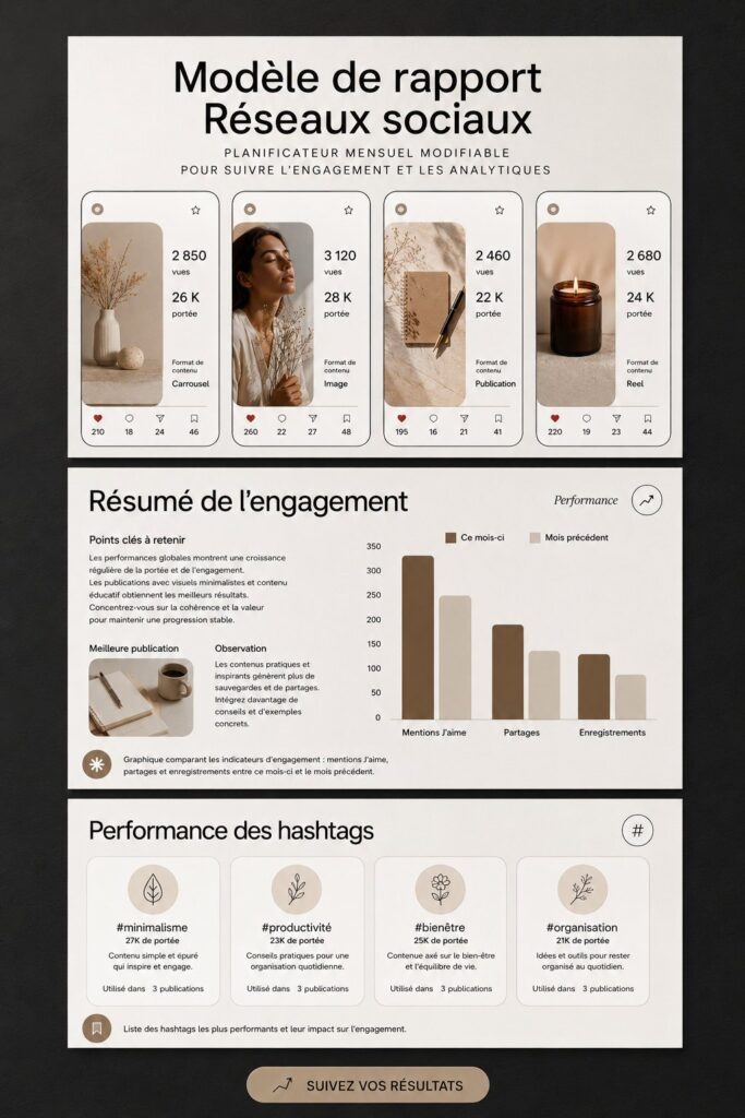 Modèle de rapport mensuel sur les réseaux sociaux conçu avec Canva, mettant en avant l'engagement
