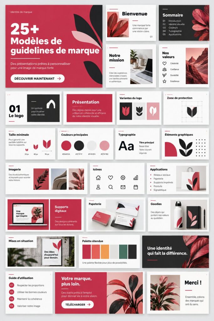 Modèles de guides de marque illustrant des stratégies de branding efficaces
