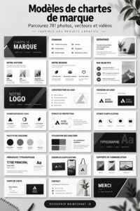 Image illustrant des modèles de lignes directrices de marque avec des designs variés et accueillants.