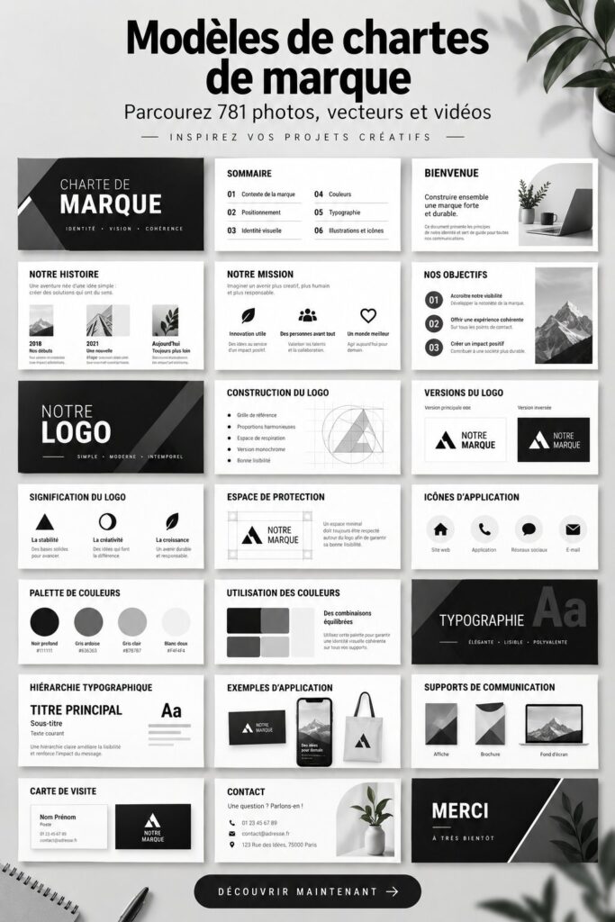 Image illustrant des modèles de lignes directrices de marque avec des designs variés et accueillants.