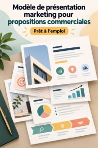 Femme d'affaires présentant une proposition marketing avec un modèle de présentation professionnel.