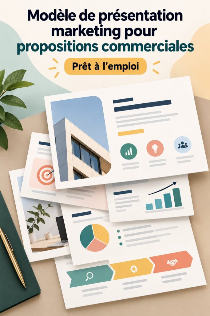 Femme d'affaires présentant une proposition marketing avec un modèle de présentation professionnel.