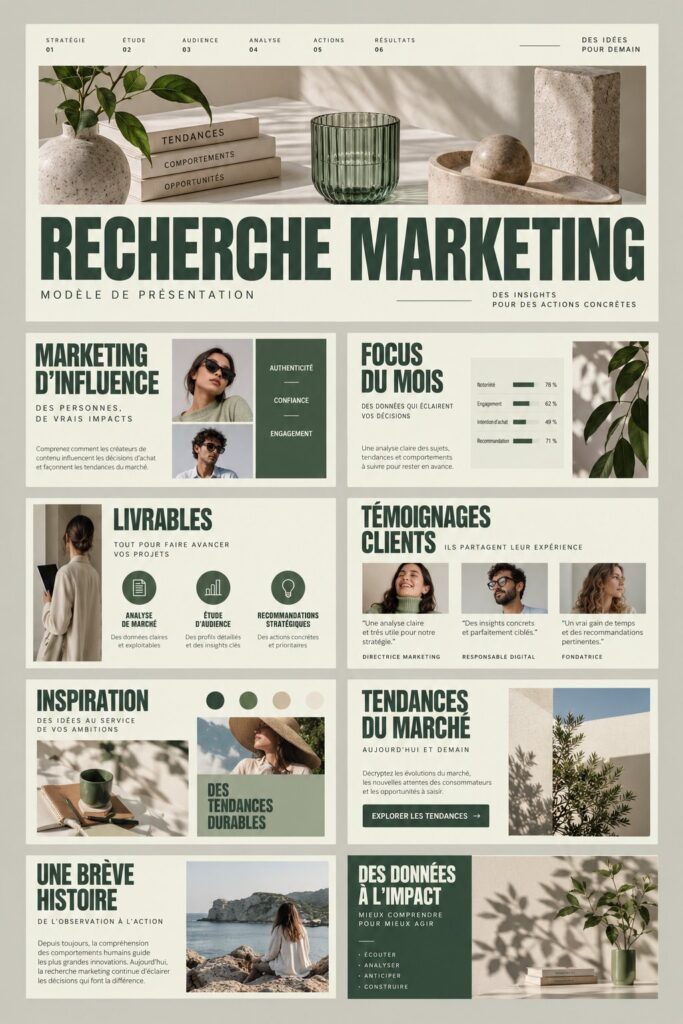Modèle de présentation efficace pour une recherche marketing, mettant en avant des graphiques et des visuels.