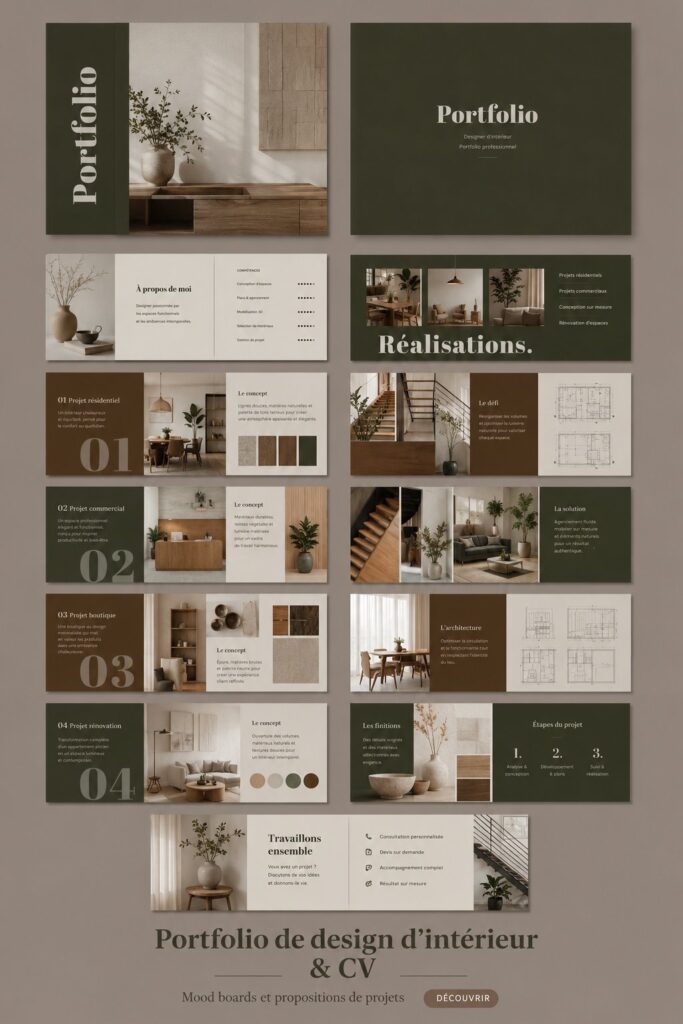 Portfolio de design d'intérieur présenté de manière esthétique avec un projet décoratif