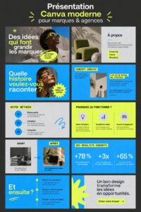 Femme créant une présentation élégante sur Canva avec un design moderne.