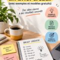 Femme rédigeant un brief créatif avec un ordinateur portable, symbolisant le travail collaboratif et l'inspiration.
