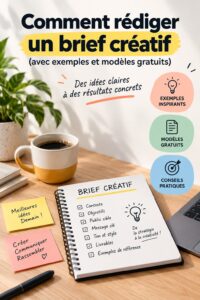 Femme rédigeant un brief créatif avec un ordinateur portable, symbolisant le travail collaboratif et l'inspiration.