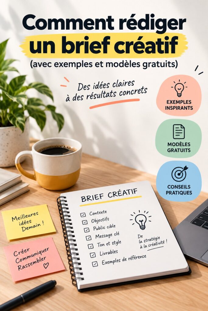 Femme rédigeant un brief créatif avec un ordinateur portable, symbolisant le travail collaboratif et l'inspiration.