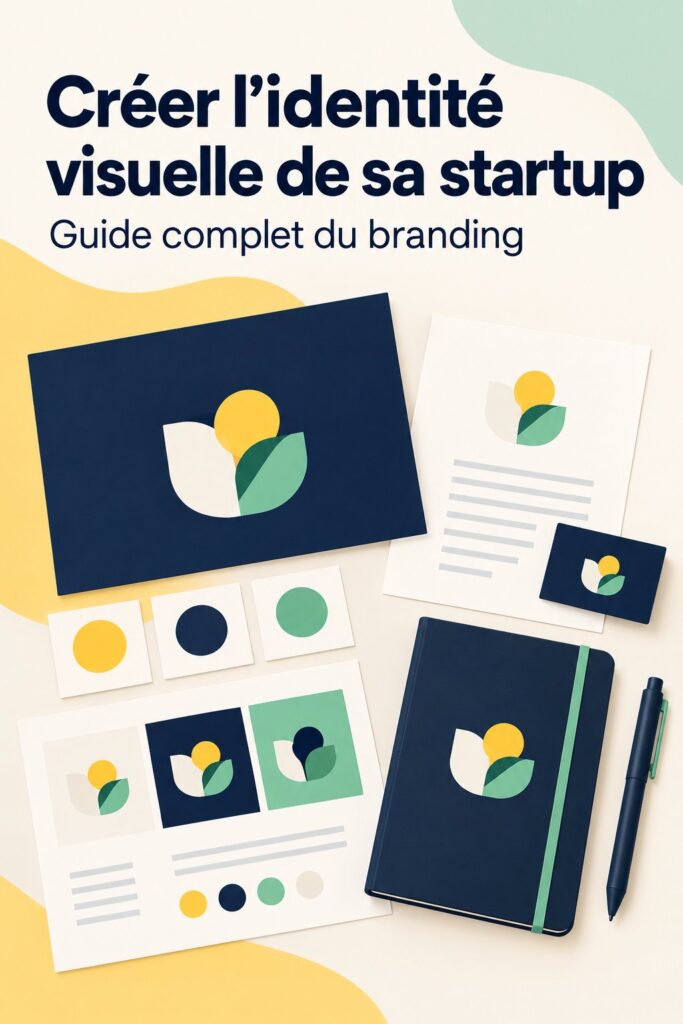Visuel d'une femme en train de concevoir l'identité de marque pour sa startup avec des croquis et des éléments de design.