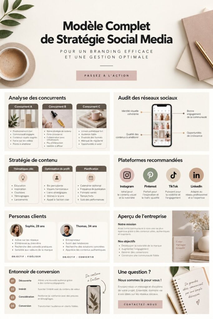 Modèle de stratégie réseaux sociaux sur un bureau avec ordinateur et notes