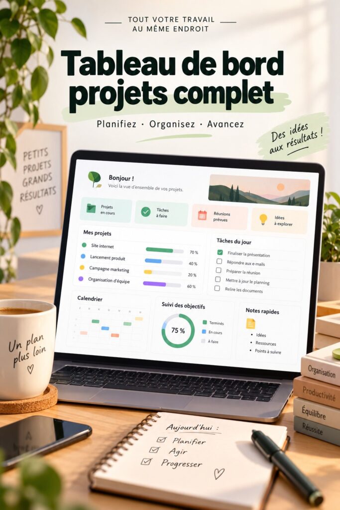 Tableau de gestion de projet sur Notion avec une interface claire et organisée.