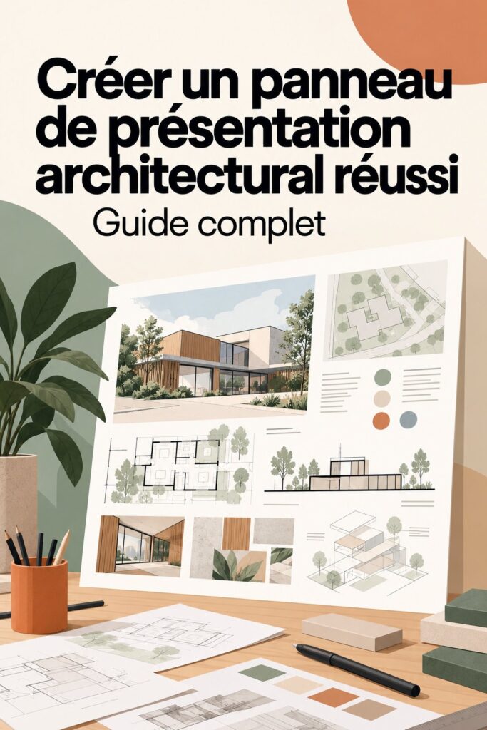 Tableau de présentation architectural bien conçu avec des croquis et rendus.
