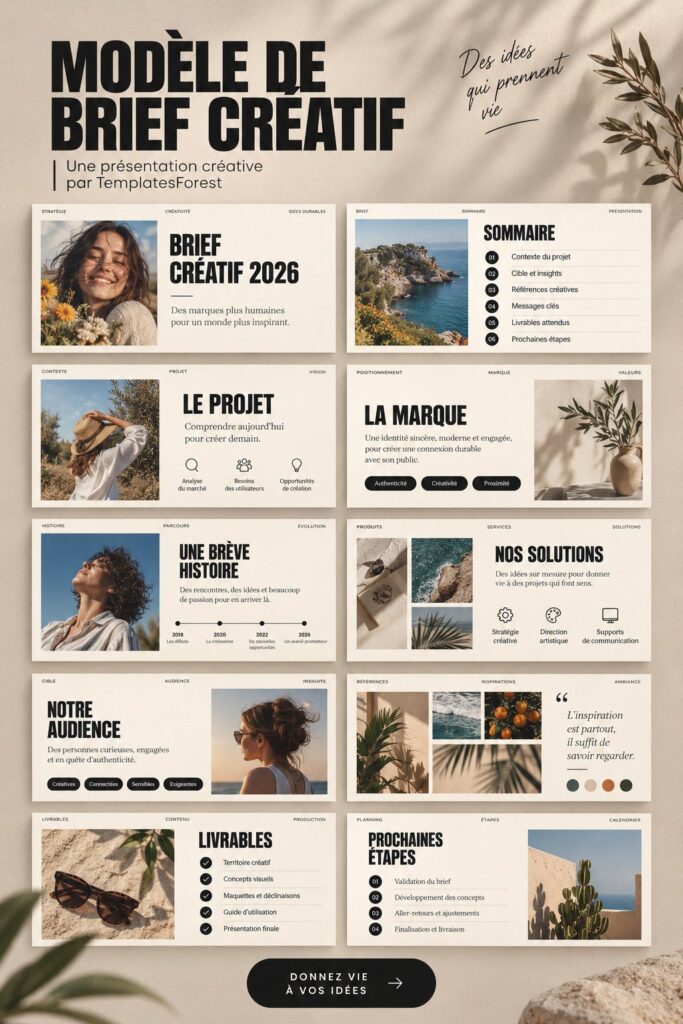Template de brief créatif sur un bureau avec des outils de travail