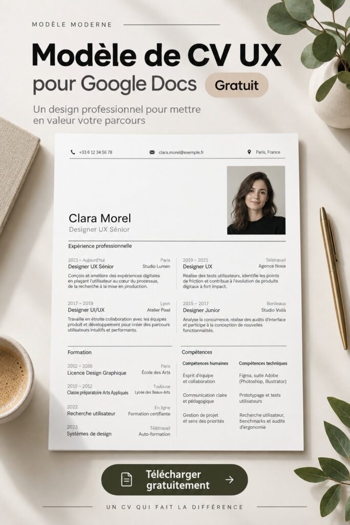 Un modèle moderne de CV présenté sur un fond léger, mettant en valeur un design professionnel.
