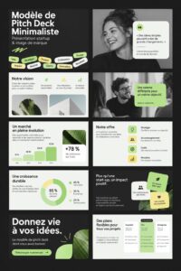 Un modèle minimaliste de présentation de startup avec des graphiques et des textes clairs.