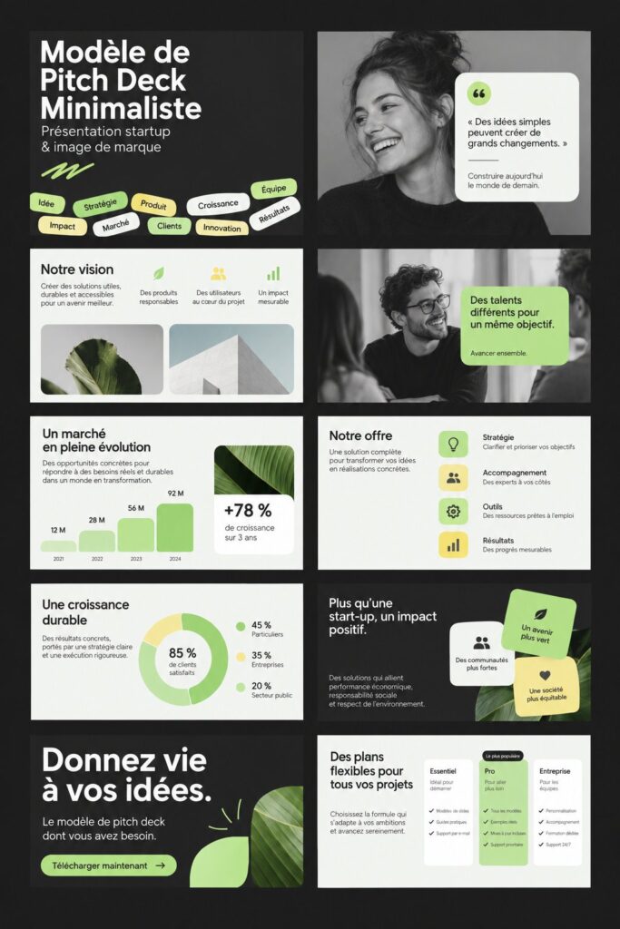 Un modèle minimaliste de présentation de startup avec des graphiques et des textes clairs.