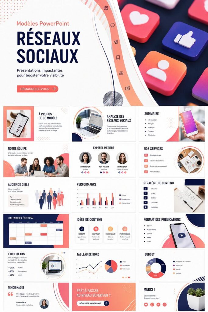 Un écran d'ordinateur affichant des modèles PowerPoint pour les réseaux sociaux.