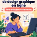 Une femme souriante devant son ordinateur, apprenant le design graphique en ligne.