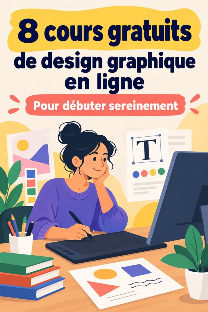 Une femme souriante devant son ordinateur, apprenant le design graphique en ligne.