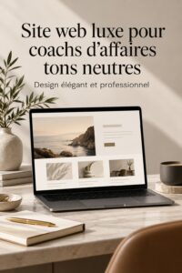 Un ordinateur portable affichant un design de site web chic pour coachs d'affaires avec des tons doux et un fond noir.