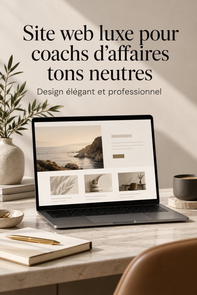 Un ordinateur portable affichant un design de site web chic pour coachs d'affaires avec des tons doux et un fond noir.